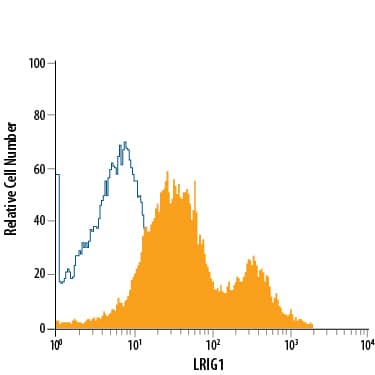 LNCaP human prostate cancer cell line was stained with Mouse Anti-Human LRIG1 APC-conjugated Monoclonal Antibody (Catalog # FAB7498A, filled histogram) or isotype control antibody (Catalog # IC002N, open histogram). View our protocol for Staining Membrane-associated Proteins.