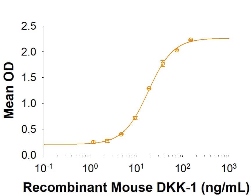 In a Goat Anti-Mouse IgG Fc     (Catalog #  G-202-C)  coatedplate, Recombinant Mouse LRP‑6 C-Terminal Fragment Fc Chimera    (Catalog #  9954-LR)  binds Recombinant Mouse DKK-1     (Catalog #  5897-DK)  with anED50 of 3-30 ng/mL.