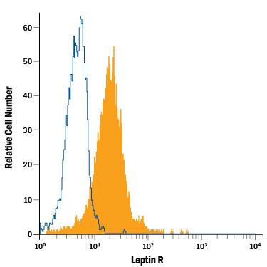 Human peripheral blood monocytes were stained with Mouse Anti-Human Leptin R Fluorescein-conjugated Monoclonal Antibody (Catalog # FAB867F, filled histogram) or isotype control antibody (Catalog # IC0041F, open histogram). View our protocol for Staining Membrane-associated Proteins.