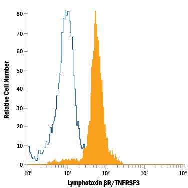 Human peripheral blood monocytes were stained with Mouse Anti-Human Lymphotoxin  beta R/TNFRSF3 PE-conjugated Monoclonal Antibody (Catalog # FAB629P, filled histogram) or isotype control antibody (Catalog # IC002P, open histogram). View our protocol for Staining Membrane-associated Proteins.