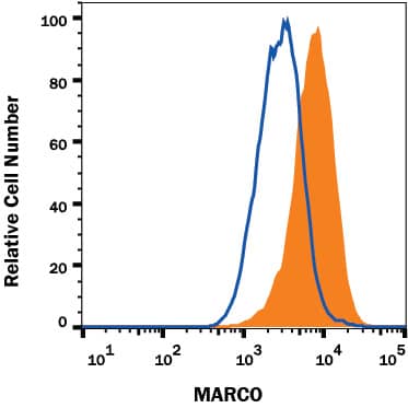 J774 mouse monocyte-macrophage cell line, resting (open histogram), or treated with 500 ng/ml LPS for 3 days (filled histogram) were stained with Rat Anti-Mouse MARCO CFS-conjugated Monoclonal Antibody (Catalog # FAB2956F). View our protocol for Staining Membrane-associated Proteins.