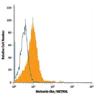 Neuro-2A mouse neuroblastoma cell line was stained with Rat Anti-Mouse Meteorin-like/METRNL PE-conjugated Monoclonal Antibody (Catalog # IC6679P, filled histogram) or isotype control antibody (Catalog # IC013P, open histogram). To facilitate intracellular staining, cells were fixed and permeabilized with FlowX FoxP3 Fixation & Permeabilization Buffer Kit (Catalog # FC012). View our protocol for Staining Intracellular Molecules.