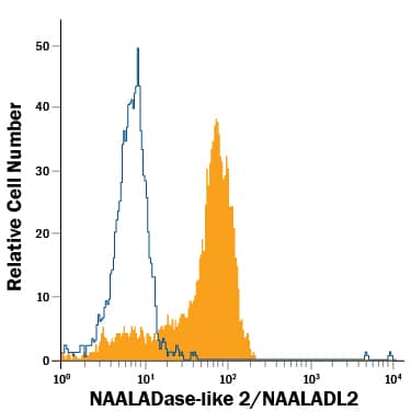 LNCaP human prostate cancer cell line was stained with Mouse Anti-Human NAALADase-like 2/NAALADL2 Alexa Fluor® 488-conjugated Monoclonal Antibody (Catalog # FAB4665G, filled histogram) or isotype control antibody (Catalog # IC002G, open histogram). View our protocol for Staining Membrane-associated Proteins.