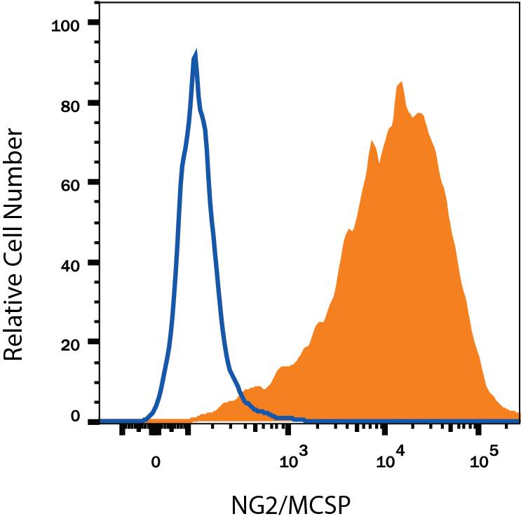 G361 human melanoma cell line was stained with Mouse Anti-Human NG2/MCSP Monoclonal Antibody (Catalog # MAB25851, filled histogram) or isotype control antibody (Catalog # MAB002, open histogram), followed by Allophycocyanin-conjugated Anti-Mouse IgG Secondary Antibody (Catalog # F0101B). View our protocol for Staining Membrane-associated Proteins.