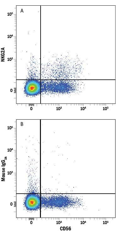 Human peripheral blood mononuclear cells (PBMCs) were stained with Mouse Anti-Human NCAM-1/CD56 APC-conjugated Monoclonal Antibody (Catalog # FAB2408A) and either (A) Mouse Anti-Human NKG2A/CD159a PE-conjugated Monoclonal Antibody (Catalog # FAB1059P) or (B) Mouse IgG2APhycoerythrin Isotype Control (Catalog # IC003P). View our protocol for Staining Membrane-associated Proteins.