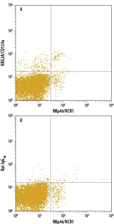 Mouse splenocytes were stained with Rat Anti-Mouse NKp46/NCR1 PerCP-conjugated Monoclonal Antibody (FAB22252C) and either (A) Rat Anti-Mouse NKG2A/CD159a Alexa Fluor® 488-conjugated Monoclonal Antibody (Catalog # FAB6867G) or (B) Rat IgG2BAlexa Fluor 488 Isotype Control (IC013G). View our protocol for Staining Membrane-associated Proteins.