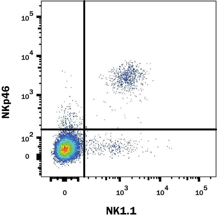 Mouse splenocytes were stained with Goat Anti-Mouse NKp46/NCR1 Fluorescein-conjugated Antigen Affinity-purified Polyclonal Antibody (Catalog # FAB2225F) and Mouse Anti-Mouse CD161/NK1.1 APC-conjugated Monoclonal Antibody (Catalog # FAB8319A). View our protocol for Staining Membrane-associated Proteins.