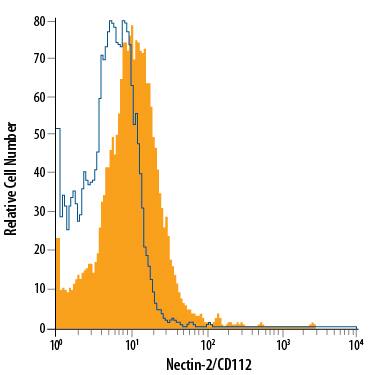 K562 human chronic myelogenous leukemia cell line was stained with Mouse Anti-Human Nectin-2/CD112 Alexa Fluor® 700-conjugated Monoclonal Antibody (Catalog # FAB2229N, filled histogram) or isotype control antibody (Catalog # IC002N, open histogram). View our protocol for Staining Membrane-associated Proteins.