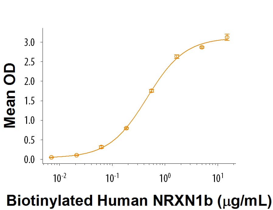 When Recombinant Human Neuroligin 3/NLGN3 (Catalog # 9069-NL) is immobilized at 2 µg/mL, Biotinylated Recombinant Human Neurexin 1 beta Fc Chimera binds with a typical ED50 of 150-900 ng/mL.