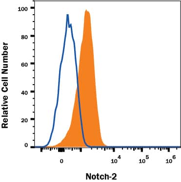 Raji Burkit lymphoma human cell line was stained with Human Notch-2 Monoclonal Antibody (Catalog # MAB37351, filled histogram) or isotype control antibody (Catalog # MAB002, open histogram), followed by Phycoerythrin-conjugated Anti-Mouse IgG F(ab')2 Secondary Antibody (Catalog # F0102B). View our protocol for Staining Membrane-associated Proteins.