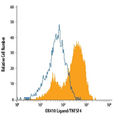 Human peripheral blood mononuclear cells (PBMCs) treated with Recombinant Human GM-CSF (Catalog # 215-GM) and LPS for 48 hours were stained with Mouse Anti-Human OX40 Ligand/TNFSF4 PerCP-conjugated Monoclonal Antibody (Catalog # FAB10541C, filled histogram) or isotype control antibody (Catalog # IC002C, open histogram). View our protocol for Staining Membrane-associated Proteins.