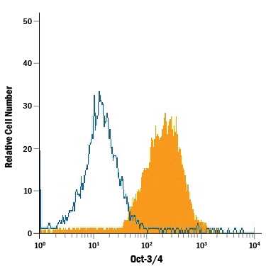 BG01V human embryonic stem cells were stained with Rat Anti-Human/Mouse Oct-3/4 APC-conjugated Monoclonal Antibody (Catalog # IC1759A, filled histogram) or isotype control antibody (IC013A, open histogram). To facilitate intracellular staining, cells were fixed with Flow Cytometry Fixation Buffer (FC004) and permeabilized with Flow Cytometry Permeabilization/Wash Buffer I (FC005). View our protocol for Staining Intracellular Molecules.