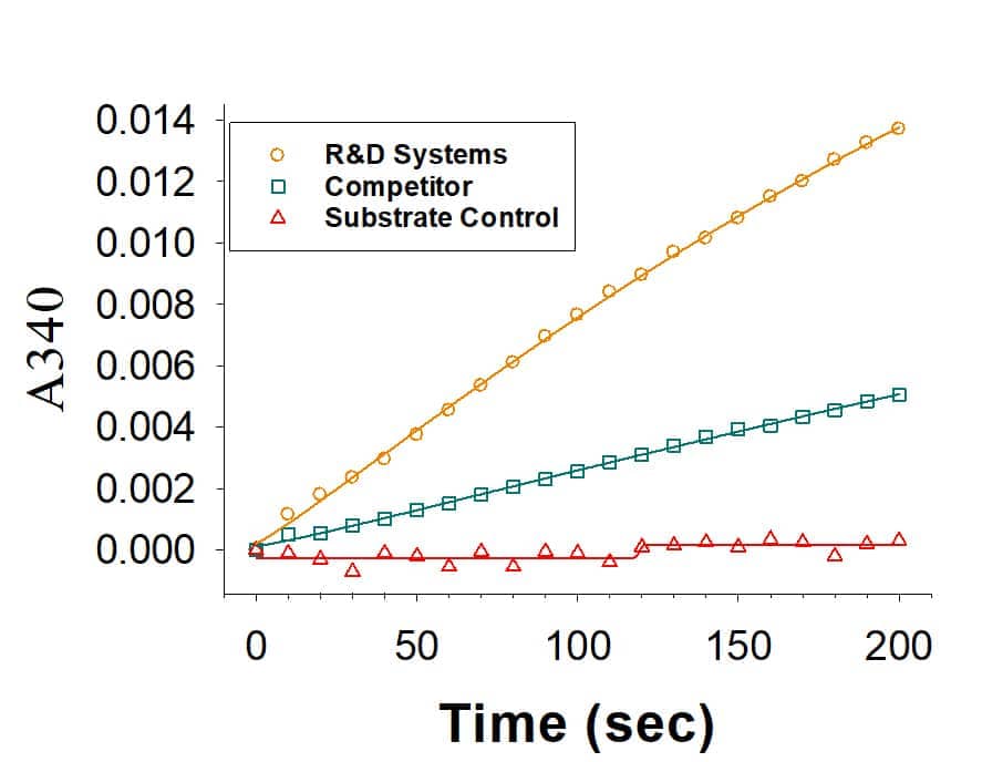 Recombinant Human PHGDH His-tag (Catalog # 10131-DH) is measured by its ability to catalyze the oxidation of 3-phospho-D-glycerate. The activity (orange) is over 2-fold than the competitor's PHGDH (green).