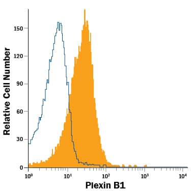 Jurkat human acute T cell leukemia cell line was stained with Mouse Anti-Human Plexin B1 APC-conjugated Monoclonal Antibody (Catalog # FAB37491A, filled histogram) or isotype control antibody (Catalog # IC002A, open histogram). View our protocol for Staining Membrane-associated Proteins.