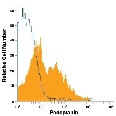 A431 human epithelial carcinoma cell line was stained with Sheep Anti-Human Podoplanin APC-conjugated Antigen Affinity-purified Polyclonal Antibody (Catalog # FAB3670A, filled histogram) or isotype control antibody (Catalog # IC016A, open histogram). View our protocol for Staining Membrane-associated Proteins.