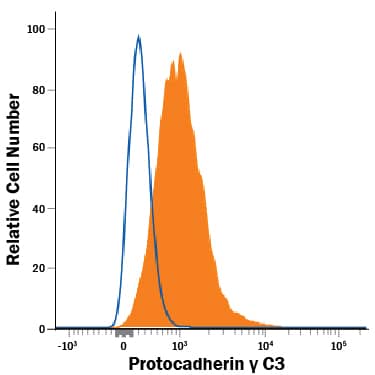 HEK293 human embryonic kidney cell line transfected with human Protocadherin ? C3 was stained with Mouse Anti-Human Protocadherin ? C3 Alexa Fluor® 647-conjugated Monoclonal Antibody (Catalog # FAB83641R, filled histogram) or isotype control antibody (Catalog # IC002R, open histogram). View our protocol for Staining Membrane-associated Proteins.