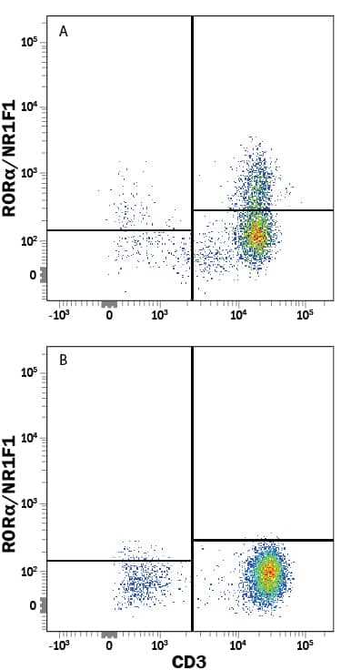 Th17 differentiated human peripheral blood mononuclear cells (PBMCs, panel A) or resting PBMCs (panel B) were stained with Mouse Anti-Human CD3e APC-conjugated Monoclonal Antibody (FAB100A) and Mouse Anti-Human RORa/NR1F1 PE-conjugated Monoclonal Antibody (Catalog # IC8924P). To facilitate intracellular staining, cells were fixed and permeabilized with FlowX FoxP3 Fixation & Permeabilization Buffer Kit (Catalog # FC012). View our protocol for Staining Intracellular Molecules.