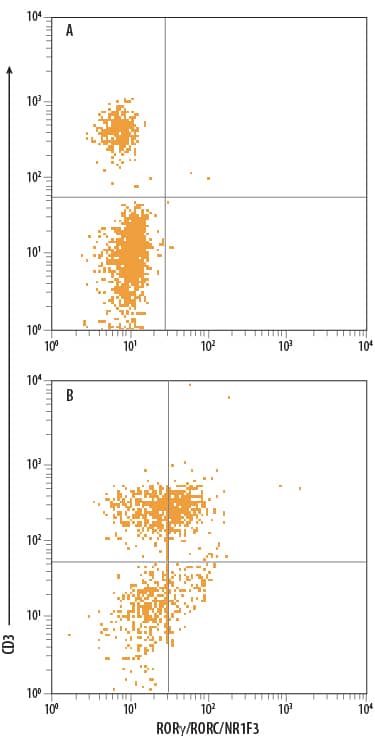 Human peripheral blood mononuclear cells (PBMCs) either (A) untreated or (B) treated with PMA, Calcium Ionomycin, LPS, Recombinant Human IL-6 (Catalog # 206-IL) and Recombinant Human IL-23 (Catalog # 1290-IL) were stained with Mouse Anti-Human ROR gamma/RORC/NR1F3 PerCP-conjugated Monoclonal Antibody (Catalog # IC6109C) and Mouse Anti-Human CD3e APC-conjugated Monoclonal Antibody (Catalog # FAB100A). Quadrant markers were set based on control antibody staining (Catalog # IC0041C). To facilitate intracellular staining, cells were fixed with Flow Cytometry Fixation Buffer (Catalog # FC004) and permeabilized with Flow Cytometry Permeabilization/Wash Buffer I (Catalog # FC005). View our protocol for Staining Intracellular Molecules.