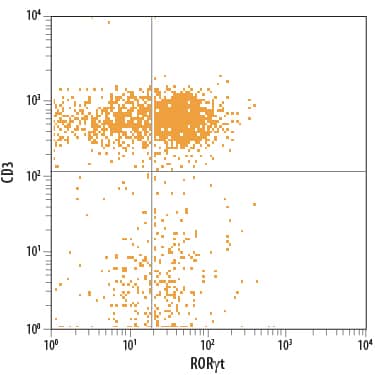 Human peripheral blood mononuclear cells (PBMCs) treated with PMA, Calcium Ionomycin, LPS, and Recombinant Human IL‑23 (Catalog # 1290-IL) were stained with Mouse Anti-Human/Mouse ROR gamma t/RORC2/NR1F3 APC‑conjugated Monoclonal Antibody (Catalog # IC6006A) and Mouse Anti-Human CD3 epsilon  PE‑conjugated Monoclonal Antibody (Catalog # FAB100P). Quadrant markers were set based on control antibody staining (Catalog # IC0041A). To facilitate intracellular staining, cells were fixed with Flow Cytometry Fixation Buffer (Catalog # FC004) and permeabilized with Flow Cytometry Permeabilization/Wash Buffer I (Catalog # FC005). View our protocol for Staining Intracellular Molecules.