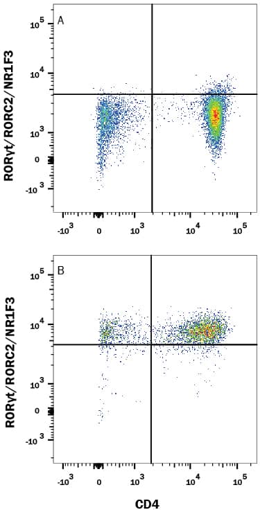 Mouse splenocytes either (A) unstimulated or (B) stimulated to induce Th17 cells were stained with Rabbit Anti-Human/Mouse ROR gammat/RORC2/NR1F3 APC-conjugated Monoclonal Antibody (Catalog # IC9125A) and Rat Anti-Mouse CD4 PE-conjugated Monoclonal Antibody (FAB554P). Quadrant markers were set based on control antibody staining (IC1051A). To facilitate intracellular staining, cells were fixed and permeabilized with FlowX FoxP3 Fixation & Permeabilization Buffer Kit (FC012). View our protocol for Staining Intracellular Molecules.