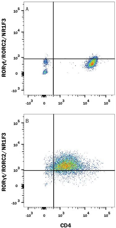 Human peripheral blood mononuclear cells (PBMCs) either (A) unstimulated or (B) stimulated to induce Th17 cells were stained with Rabbit Anti-Human/Mouse ROR gammat/RORC2/NR1F3 Alexa Fluor® 488-conjugated Monoclonal Antibody (Catalog # IC9125G) and Mouse Anti-Human CD4 APC-conjugated Monoclonal Antibody (Catalog # FAB3791A). Quadrant markers were set based on control antibody staining (Catalog # IC1051G). To facilitate intracellular staining, cells were fixed and permeabilized with FlowX FoxP3 Fixation & Permeabilization Buffer Kit (Catalog # FC012). View our protocol for Staining Intracellular Molecules.