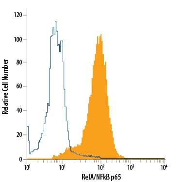 HeLa human cervical epithelial carcinoma cell line was stained with Mouse Anti-Human/Mouse RelA/NF kappa B p65 PE-conjugated Monoclonal Antibody (Catalog # IC5078P, filled histogram) or isotype control antibody (Catalog # IC0041P, open histogram). To facilitate intracellular staining, cells were fixed with Flow Cytometry Fixation Buffer (Catalog # FC004) and permeabilized with Flow Cytometry Permeabilization/Wash Buffer I (Catalog # FC005). View our protocol for Staining Intracellular Molecules.