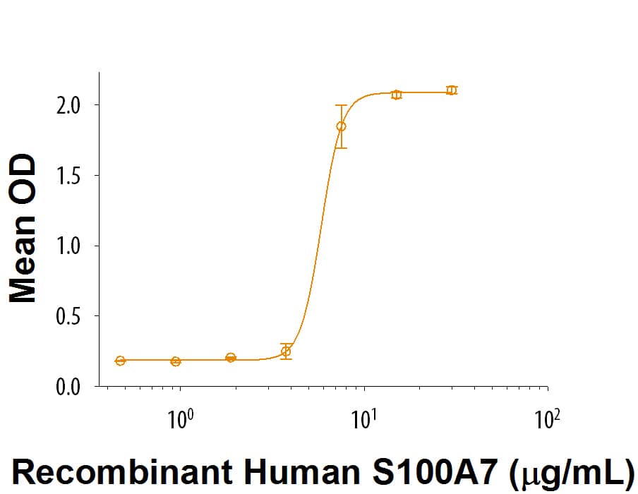 Recombinant Human S100A7 (Catalog # 9085-SA) induces IL-8secretion in A431 human epithelial carcinoma cells. The ED50 forthis effect is 2-10  μg/mL.