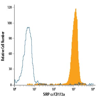 U937 human histiocytic lymphoma cell line was stained with Mouse Anti-Human SIRPa/CD172a PE-conjugated Monoclonal Antibody (Catalog # FAB4546P, filled histogram) or isotype control antibody (Catalog # IC0041P, open histogram). View our protocol for Staining Membrane-associated Proteins.