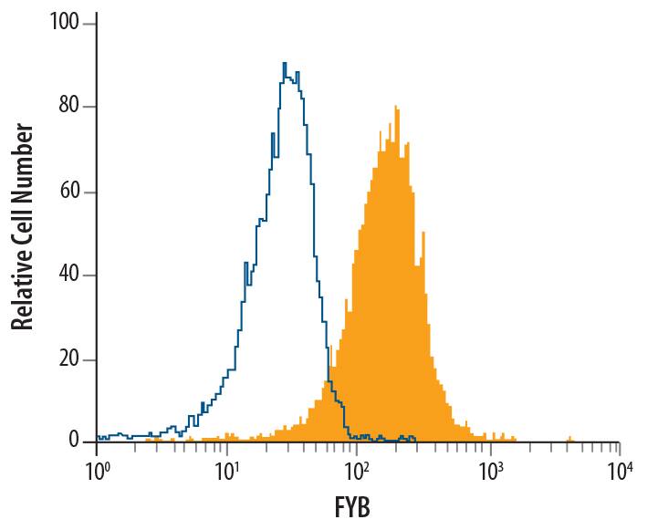 Jurkat human acute T cell leukemia cell line was stained with Mouse Anti-Human FYB/ADAP/SLAP130 Monoclonal Antibody (Catalog # MAB38571, filled histogram) or isotype control antibody (Catalog # MAB0041, open histogram), followed by Allophycocyanin-conjugated Anti-Mouse IgG F(ab')2 Secondary Antibody (Catalog # F0101B). To facilitate intracellular staining, cells were fixed with paraformaldehyde and permeabilized with methanol.