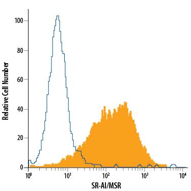 RAW 264.7 mouse monocyte/macrophage cell line was stained with Rat Anti-Mouse SR-AI/MSR PE-conjugated Monoclonal Antibody (Catalog # FAB1797P, filled histogram) or isotype control antibody (Catalog # IC013P, open histogram). View our protocol for Staining Membrane-associated Proteins.