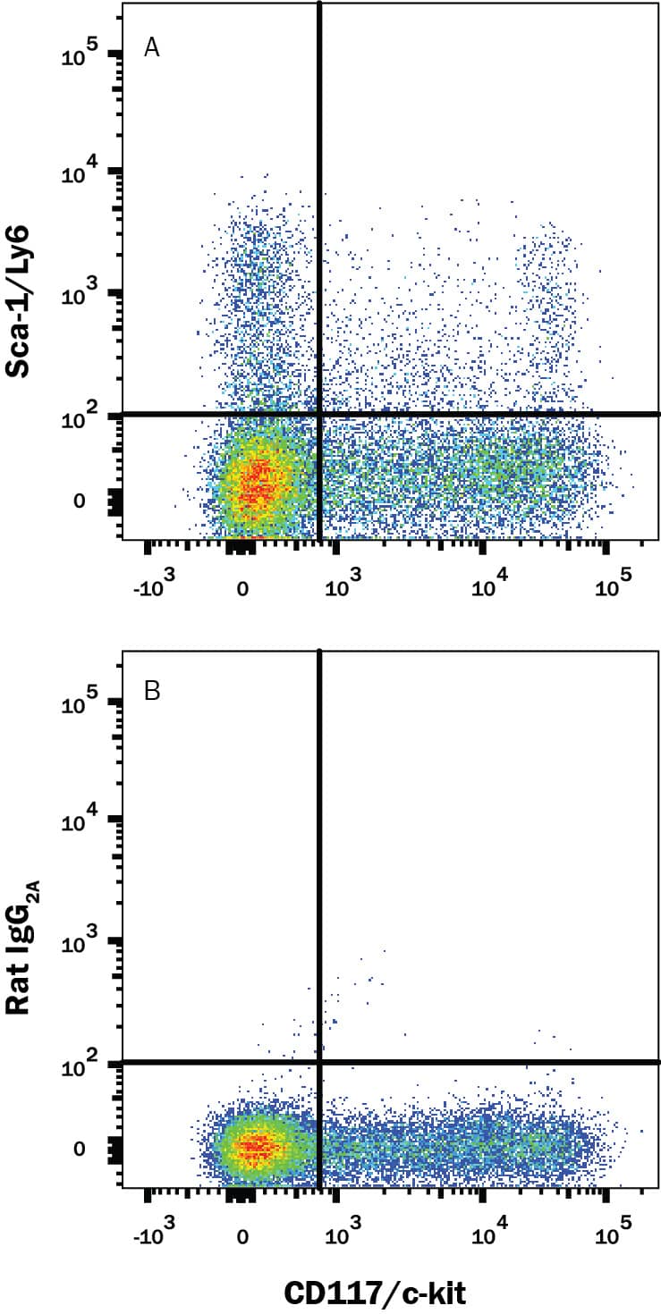 Mouse splenocytes gated on hematopoietic lineage negative cells were stained with Rat Anti-Mouse CD117/c-kit PE-conjugated Monoclonal Antibody (Catalog # FAB1356P) and either (A) Rat Anti-Mouse Sca-1/Ly6 Alexa Fluor® 700-conjugated Monoclonal Antibody (Catalog # FAB1226N) or (B) Rat IgG2AAlexa Fluor 700 Isotype Control (Catalog # IC006N). View our protocol for Staining Membrane-associated Proteins.