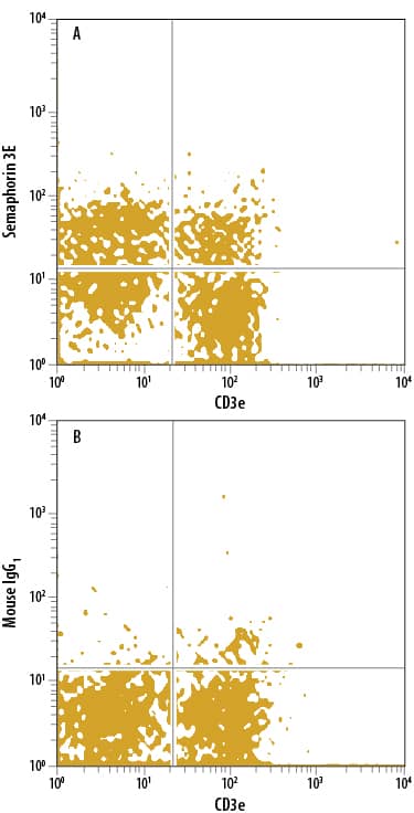 Mouse splenocytes treated with PHA were stained with Rat Anti-Mouse CD3 APC-conjugated Monoclonal Antibody (Catalog # FAB4841A) and either (A) Mouse Anti-Human Semaphorin 3E Alexa Fluor® 488-conjugated Monoclonal Antibody (Catalog # IC32391G) or (B) Mouse IgG1Alexa Fluor 488 Isotype Control (Catalog # IC002G). To facilitate intracellular staining, cells were fixed with Flow Cytometry Fixation Buffer (Catalog # FC004) and permeabilized with Flow Cytometry Permeabilization/Wash Buffer I (Catalog # FC005). View our protocol for Staining Intracellular Molecules.