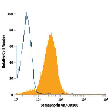 Jurkat human acute T cell leukemia cell line was stained with Mouse Anti-Human Semaphorin 4D/CD100 PE-conjugated Monoclonal Antibody (Catalog # FAB74701P, filled histogram) or isotype control antibody (Catalog # IC002P, open histogram). View our protocol for Staining Membrane-associated Proteins.