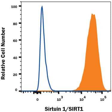 HepG2 human hepatocellular carcinoma cell line was stained with Mouse Anti-Human Sirtuin 1/SIRT1 Monoclonal Antibody (Catalog # MAB7714, filled histogram) or isotype control antibody (Catalog # MAB002, open histogram), followed by Allophycocyanin-conjugated Anti-Mouse IgG Secondary Antibody (Catalog # F0101B). To facilitate intracellular staining, cells were fixed and permeabilized with FlowX FoxP3 Fixation & Permeabilization Buffer Kit (Catalog # FC012). View our protocol for Staining Intracellular Molecules.