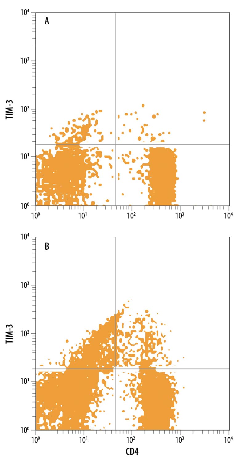 Human peripheral blood mononuclear cells (PBMCs) either (A) untreated or (B) treated with Recombinant Human IL-12 (Catalog # 219-IL) and Goat Anti-Human IL-4 Polyclonal Antibody (Catalog # AB-204-NA) to induce Th1 development for 3 days were stained with Mouse Anti-Human CD4 PE-conjugated Monoclonal Antibody (Catalog # FAB3791P) and either (A) Rat Anti-Human TIM-3 Alexa Fluor® 488-conjugated Monoclonal Antibody (Catalog # FAB2365G) or (B) Rat IgG2AAlexa Fluor 488 Isotype Control (Catalog # IC006G). Dot plots were gated on lymphocytes. View our protocol for Staining Membrane-associated Proteins.