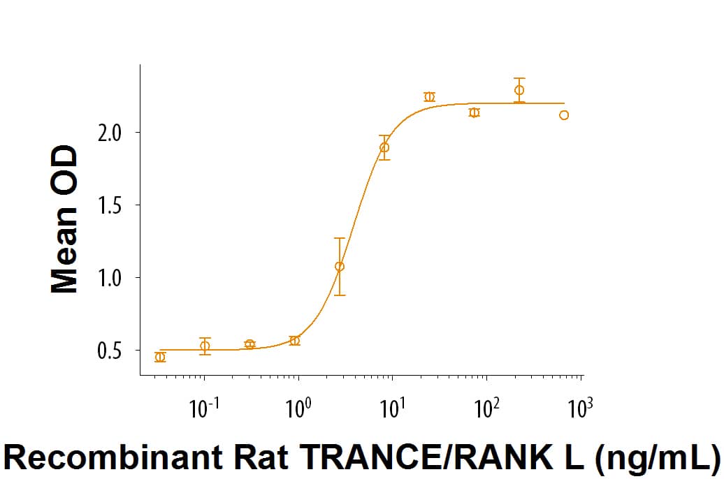 Recombinant Rat Trance/RANK L/TNFSF11 (Catalog # 9366-TN/CF)Induces Osteoclast Differentiation of the RAW 264.7 Mouse Monocyte/MacrophageCell Line.  The ED50 for this effect is2.5-15 ng/mL in the presence of 2.5 µg/mL of a cross-linking antibody, Mouse Anti-polyHistidine Monoclonal Antibody     (Catalog #  MAB050R).