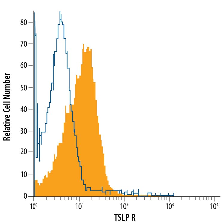 Mouse splenocytes were stained with Goat Anti-Mouse TSLP R Fluorescein-conjugated Antigen Affinity-purified Polyclonal Antibody (Catalog # FAB5461F, filled histogram) or isotype control antibody (Catalog # IC108F, open histogram). View our protocol for Staining Membrane-associated Proteins.