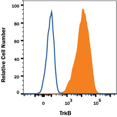 C6 cell line transfected with human TrkB was stained with Mouse Anti-Human TrkB Alexa Fluor® 647-conjugated Monoclonal Antibody (Catalog # FAB3971R, filled histogram) or isotype control antibody (IC002R, open histogram). View our protocol for Staining Membrane-associated Proteins.