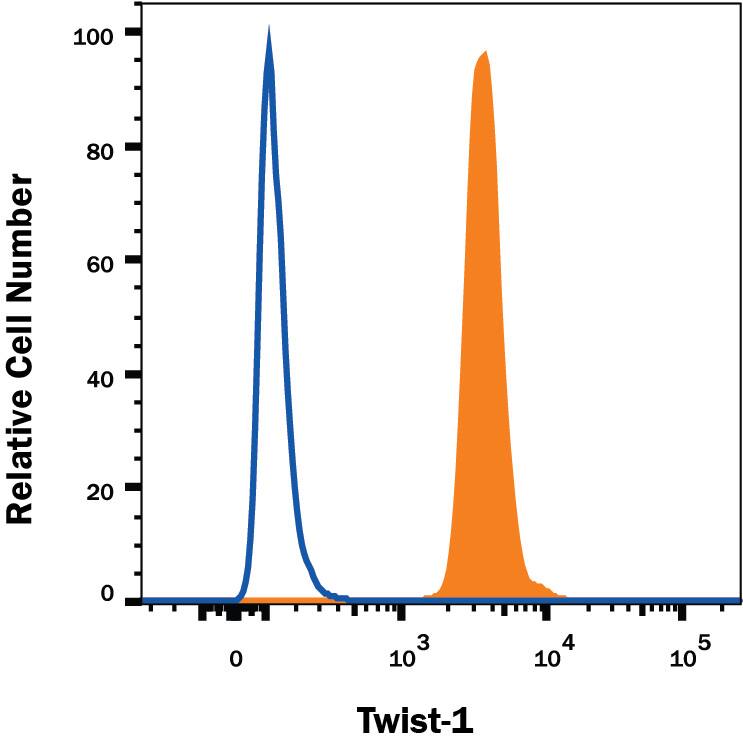 A549 human lung carcinoma cell line was stained with Mouse Anti-Human Twist-1 Alexa Fluor® 488-conjugated Monoclonal Antibody (Catalog # IC9160G, filled histogram) or isotype control antibody (Catalog # IC002G, open histogram). To facilitate intracellular staining, cells were fixed with Flow Cytometry Fixation Buffer (Catalog # FC004) and permeabilized with Flow Cytometry Permeabilization/Wash Buffer I (Catalog # FC005). View our protocol for Staining Intracellular Molecules.