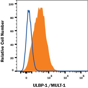 A20 mouse B cell lymphoma cell line was stained with Rat Anti-Mouse ULBP-1 Alexa Fluor® 647-conjugated Monoclonal Antibody (Catalog # FAB2588R, filled histogram) or isotype control antibody (Catalog # IC006R, open histogram). View our protocol for Staining Membrane-associated Proteins.