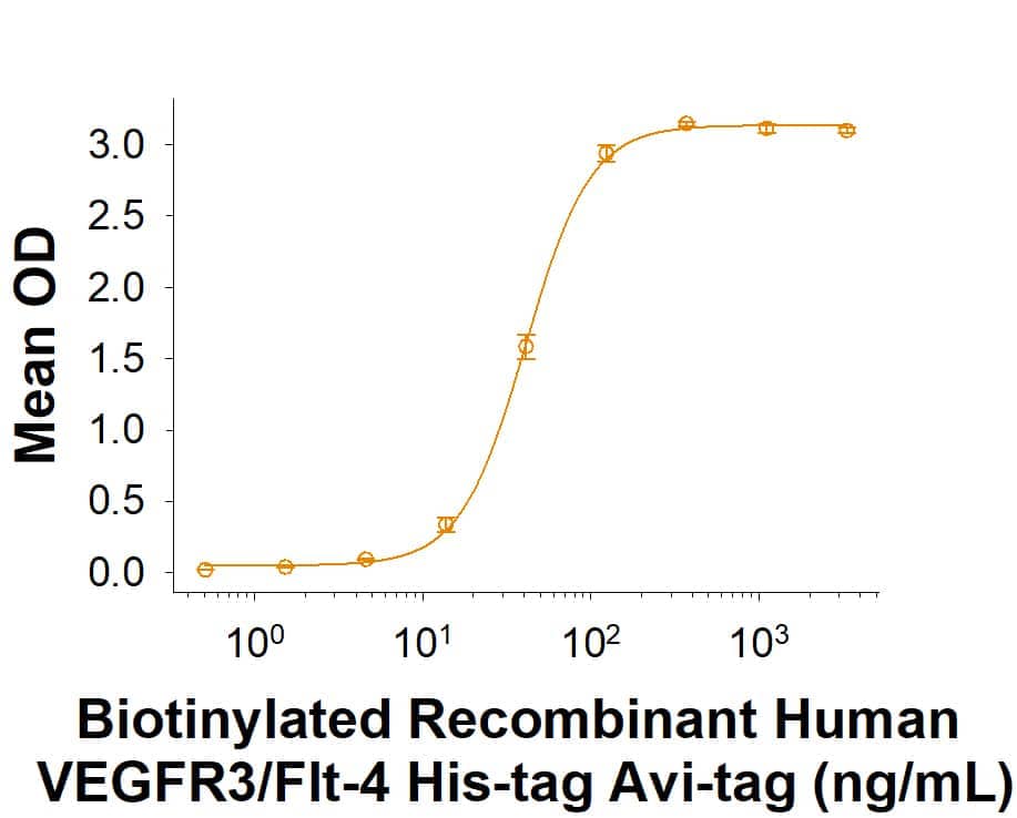 When Recombinant Human VEGF-C     (Catalog #  9199-VC)  is immobilized at 0.5 μg/mL (100 μL/well), Biotinylated Recombinant Human VEGFR3/Flt-4 His-tag Avi-tag (Catalog # AVI10384) binds with an ED50 of 15-90 ng/mL.