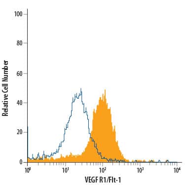 bEnd.3 mouse endothelioma cell line was stained with Rat Anti-Mouse VEGF R1/Flt-1 Alexa Fluor® 700-conjugated Monoclonal Antibody (Catalog # FAB4711N, filled histogram) or isotype control antibody (Catalog # IC013N, open histogram). View our protocol for Staining Membrane-associated Proteins.