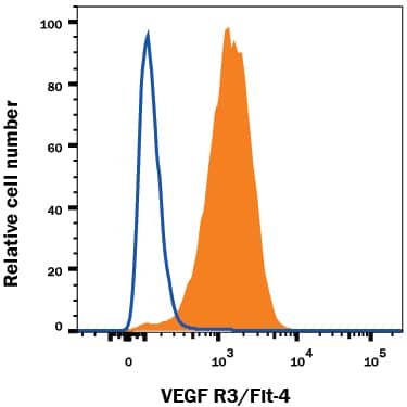 bEnd.3 mouse endothelioma cell line was stained with Goat Anti-Mouse VEGF R3/Flt-4 PE-conjugated Antigen Affinity-purified Polyclonal Antibody (Catalog # FAB743P, filled histogram) or isotype control antibody (Catalog # IC108P, open histogram). View our protocol for Staining Membrane-associated Proteins.