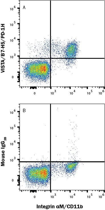 Human peripheral blood mononuclear cells (PBMCs) were stained with (A) Mouse Anti-Human VISTA/B7-H5/PD-1H Monoclonal Antibody (Catalog # MAB71267) or (B) Mouse IgG1 Isotype Control (Catalog # MAB002) followed by Allophycocyanin-conjugated Anti-Mouse IgG Secondary Antibody (Catalog # F0101B) and Mouse Anti-Human CD14 PE-conjugated Monoclonal Antibody (Catalog # FAB3832P). View our protocol for Staining Membrane-associated Proteins.