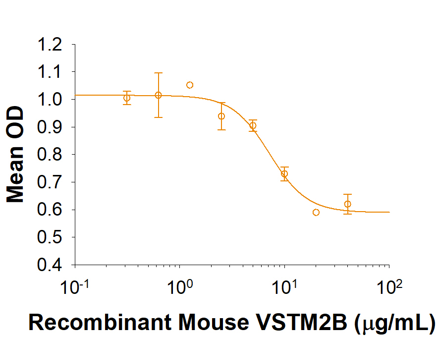     Recombinant Mouse  VSTM2B Fc Chimera (Catalog # 10076-VT) inhibits IFN-gamma secretion    by human peripheral blood mononuclear  cells in the presence of anti-CD3 antibody. The ED50 for this effect is 2-10 μg/mL. 