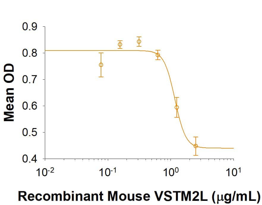 Recombinant Mouse VSTM2L (Catalog # 2152-VT)  inhibits anti-CD3 antibody induced IFN-gamma secretion    by human peripheral blood  mononuclear cells (PBMC). The ED50 for this effect is 0.5‑3 μg/mL. 