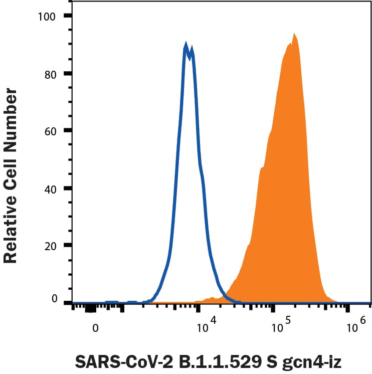 HEK293 human embryonic kidney cells transfected with human ACE-2 were stained with (A) Recombinant SARS-CoV-2 B.1.1.529 Spike (GCN4-IZ) His-tag Alexa Fluor® 488 (Catalog # AFG11061, filled histogram) or (B) unstained (open histogram).