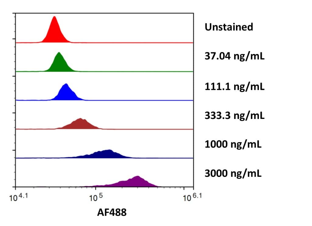 Streptavidin coated beads conjugated to biotinylated PD‑L2/B7‑DC were stained with the indicated concentrations of Recombinant Human PD‑L2/B7‑DC Fc Chimera Alexa Fluor® 488 (Catalog # AFG1224).