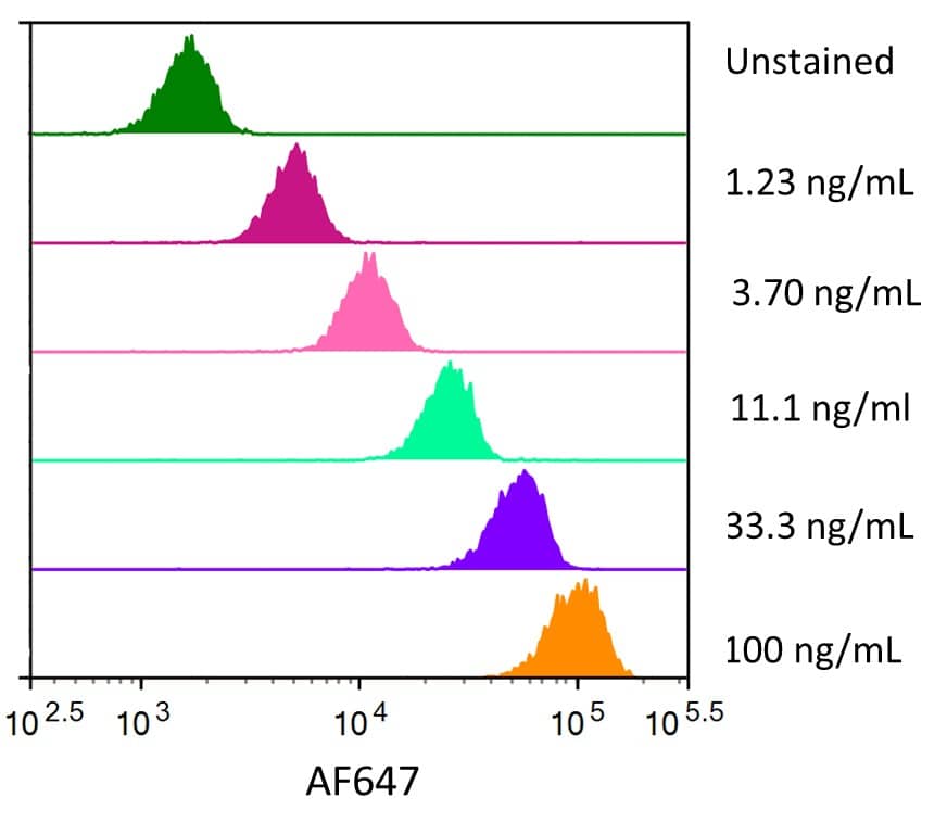 Streptavidin coated beads conjugated to biotinylated anti-human CD300e/LMIR6 Monoclonal Antibody were stained with the indicated concentrations of Recombinant Human CD300e/LMIR6 Fc Chimera Alexa Fluor® 647 (Catalog # AFR10479).