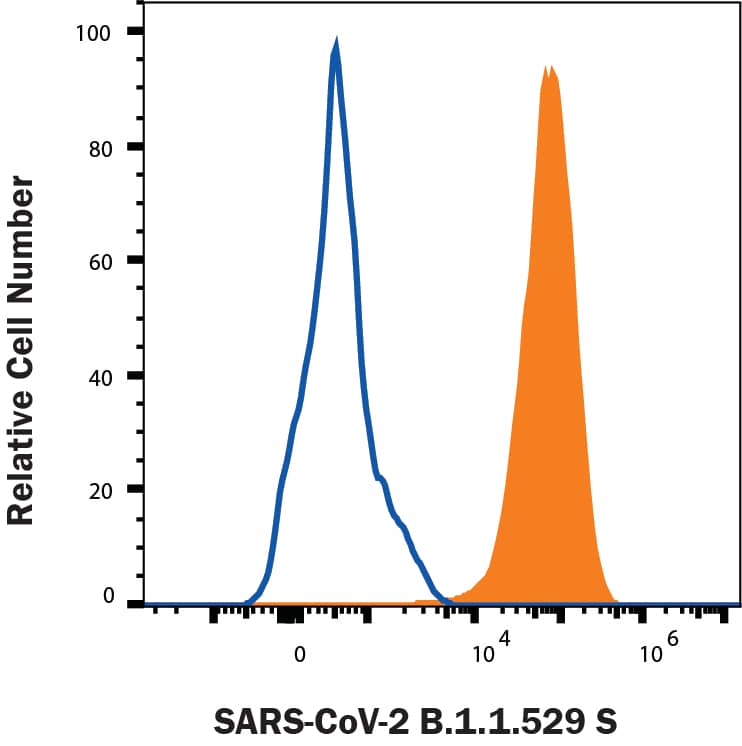 HEK293 human embryonic kidney cells transfected with human ACE-2 were stained with (A) Recombinant SARS-CoV-2 B.1.1.529 Spike His-tag Alexa Fluor® 647 (Catalog # AFR11060, filled histogram) or (B) unstained (open histogram).